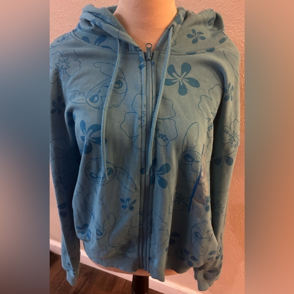 Disney Stitch long sleeve blue zip up hooded jacket size L NWT